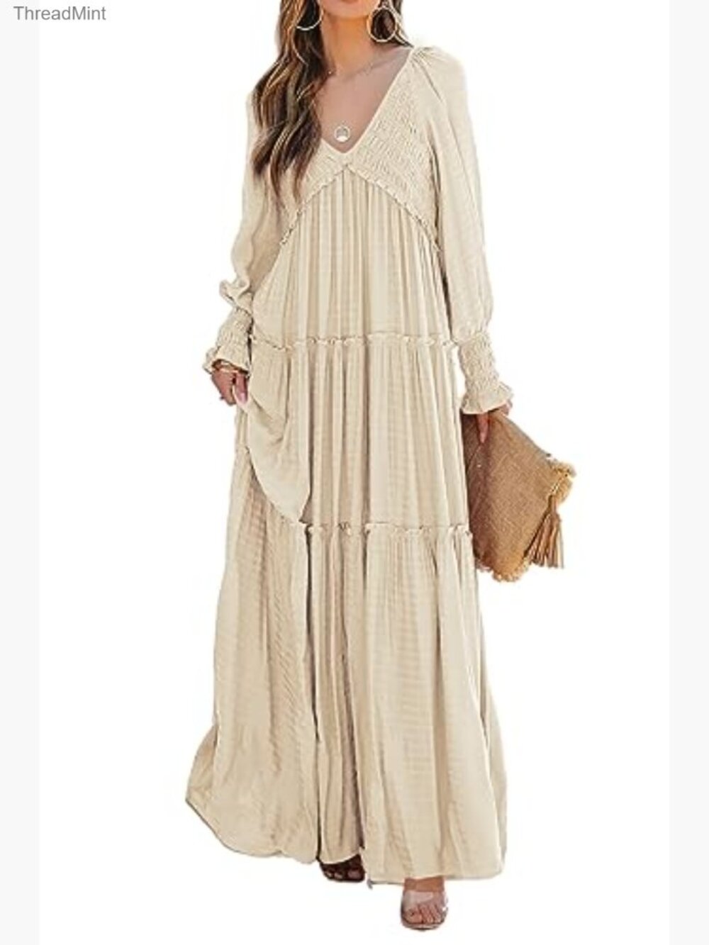 Long Sleeve V-Neck Maxi Dress Empire Waist Ruffle Hem Flowy Boho Casual - Picture 2 of 7